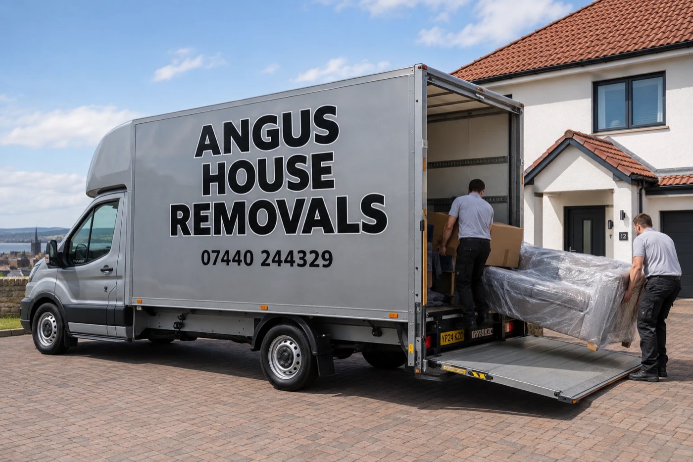 Our Luton van with its tail-lift down while two removal men load a wrapped sofa outside a house